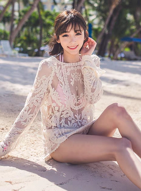 蕾丝罩衫长袖镂空圆领套头泳衣比基尼外套沙滩外搭防晒女海边中长