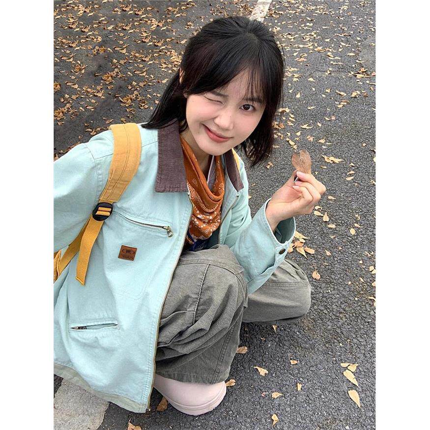 绿色覆古风工装外套女2025新款秋季宽松休闲短款小个子底特律夹克