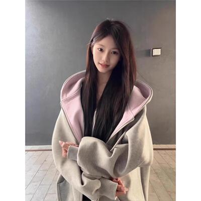 灰粉色连帽卫衣薄外套女
