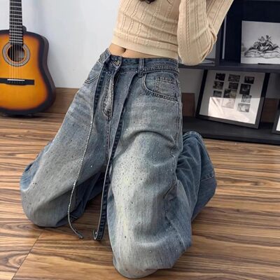 美式满天星烫钻直筒牛仔