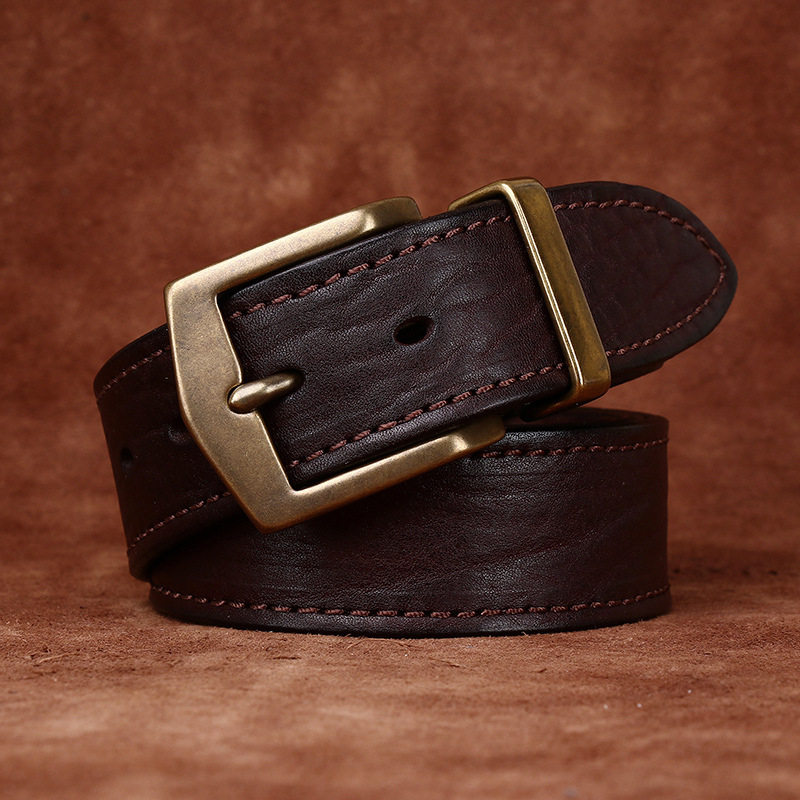 进口野牛皮皮带男阿美咔叽复古手工植鞣真皮裤带铜扣腰带男士加厚
