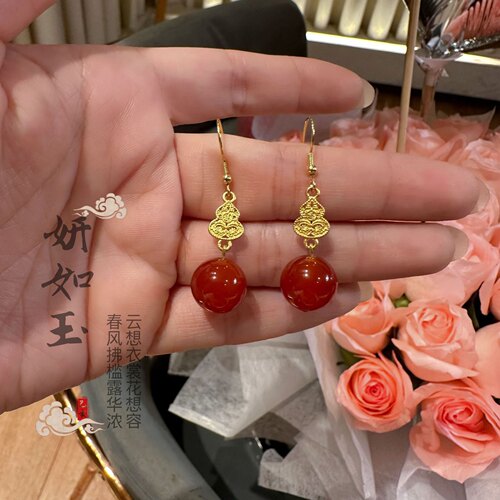 新款本命年葫芦福禄s925耳钩红玛瑙简约时尚潮流耳环