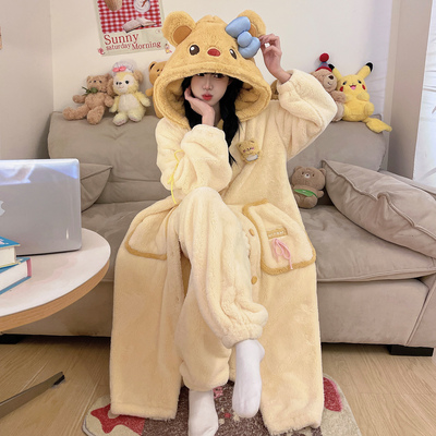 日本新款秋冬季天珊瑚绒睡袍女可爱法兰绒加绒加厚睡衣家居服套装