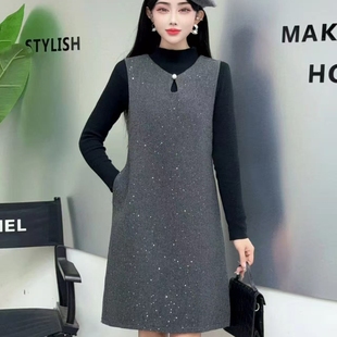 连衣裙女2025春秋新款中长款V领呢子亮片香风背心裙坎肩裙马夹裙