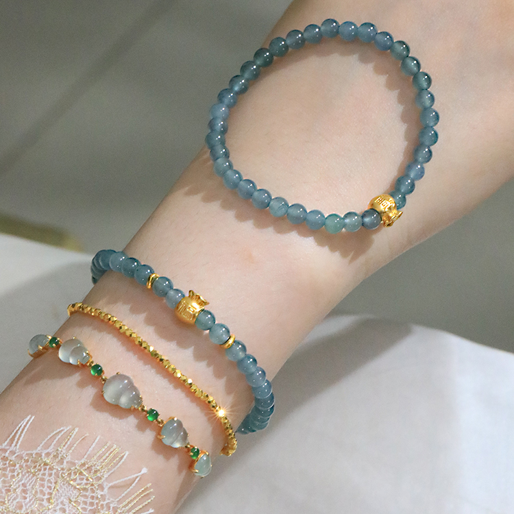 SUMOJEWEL【福宝】天然蓝水翡翠手链女百搭手串高级感新中式国风