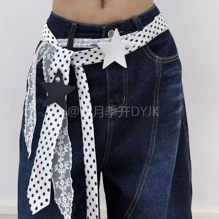 白色波点丝巾腰带配饰高级感腰绳