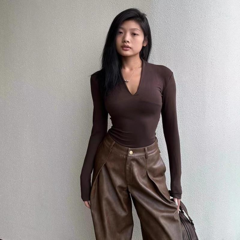 6656#1*1螺纹210G长袖t恤女装2025秋季新款纯色薄款修身V领打底衫