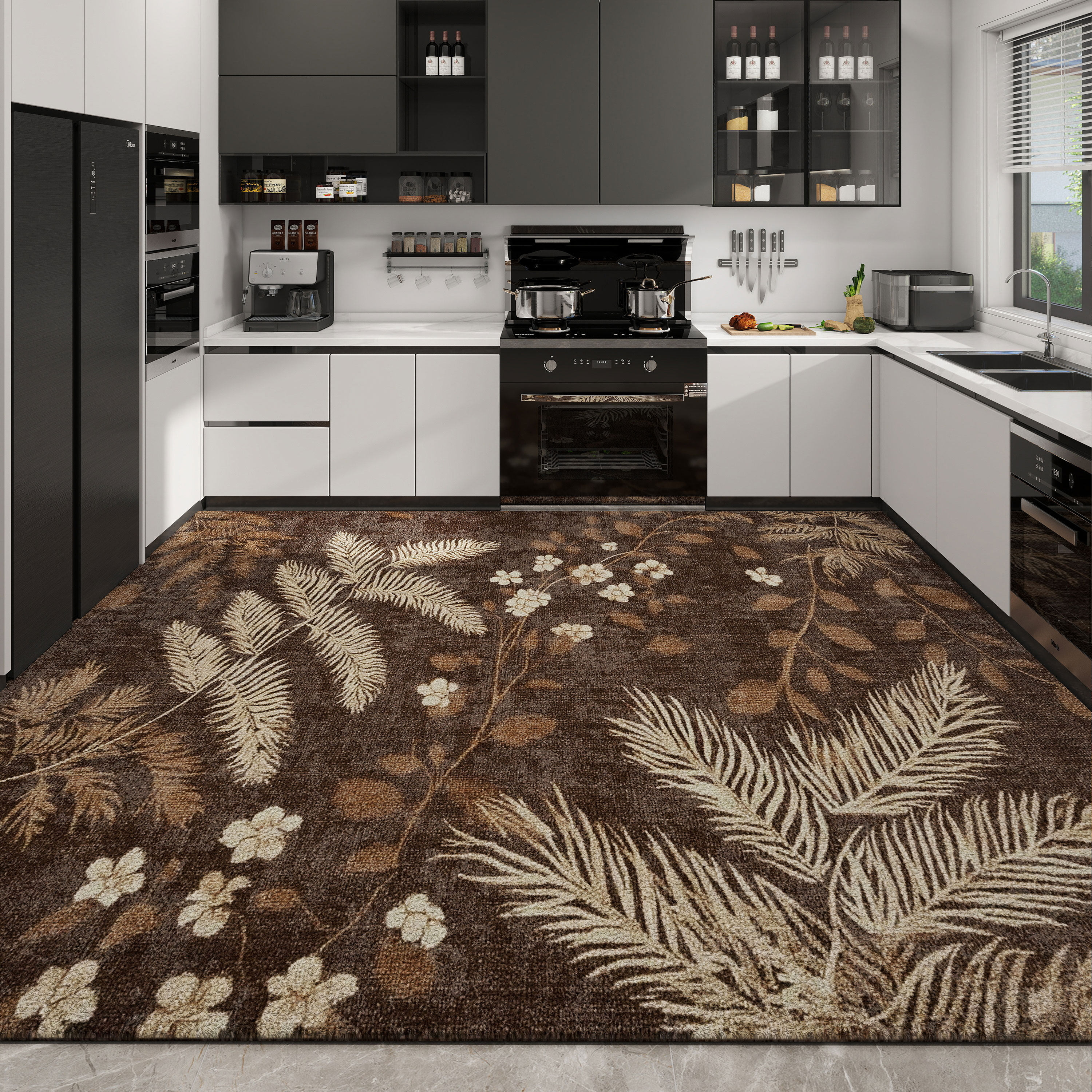 轻奢厨房地垫棕色植物花卉图案防滑耐磨家用地毯全铺防油免洗垫子,居家布艺,厨房地垫,淘宝优惠券,粉丝福利购,淘宝优惠卷