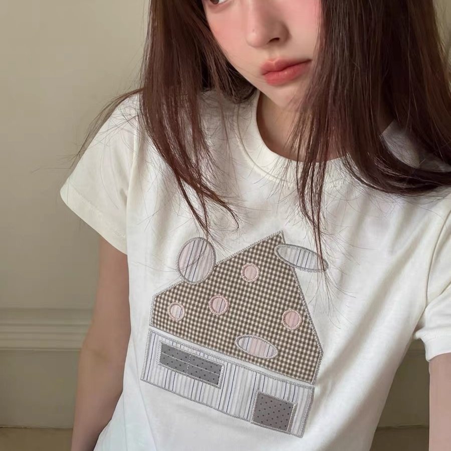 韩系别致刺绣小房子短袖t恤女夏新款修身显瘦淡系百搭纯棉短上衣