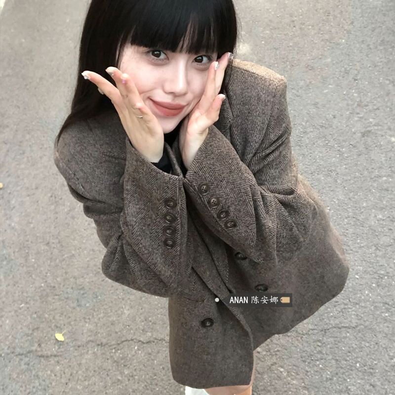 00后人字纹呢子大衣女秋冬2025新款短款毛呢外套高级感小个子韩系