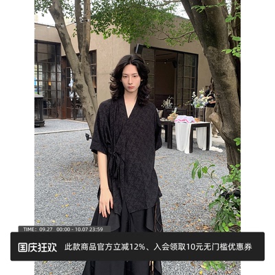 半空山 夏季复古山本耀司风花卉刺绣新中式道袍绑带短袖衬衫外套