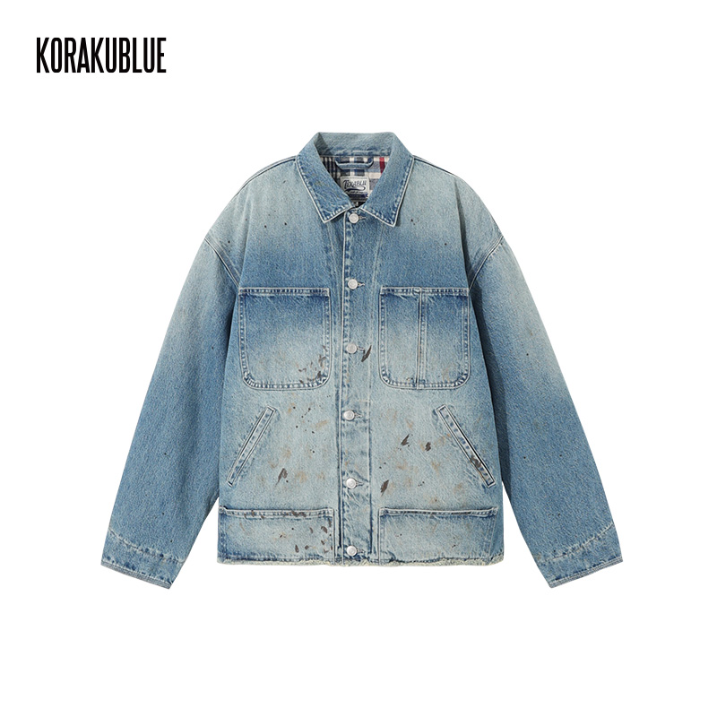 泼漆做旧铁道牛仔棉服外套