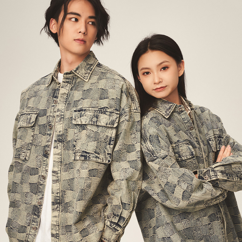 百家布牛仔提花工装情侣长袖衬衫