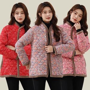 冬季新款时尚加绒加厚大码棉服妈妈装中老年棉袄保暖棉衣碎花外套