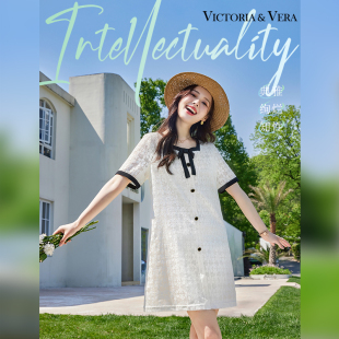 VICTORIA&VERA夏季 小香风气质名媛方领显瘦蕾丝蝴蝶结连衣裙短裙