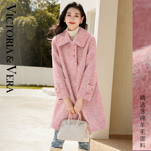 VICTORIA&VERA冬季柔雾粉羊毛双面呢大衣经典三粒扣翻领中长款