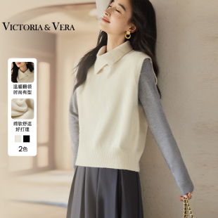 VICTORIA&VERA冬季 休闲时髦高领翻领不规则叠穿显瘦针织马甲
