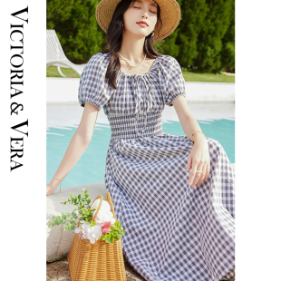 复古格子方领泡泡袖 法式 收腰显瘦连衣裙 新款 VICTORIA&VERA夏季