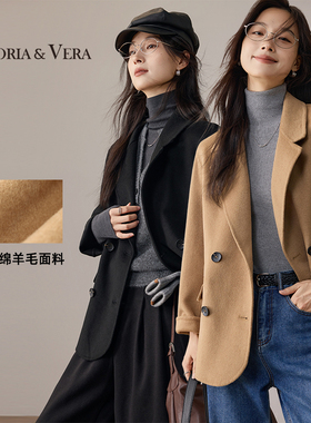 VICTORIA&VERA 冬季双排扣毛呢西装外套廓形剪裁翻领通勤显瘦大衣