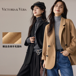 外套廓形剪裁翻领通勤显瘦大衣 双排扣毛呢西装 VICTORIA&VERA 冬季
