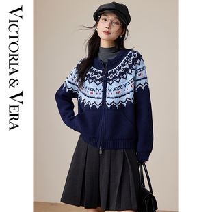 VICTORIA&VERA冬季藏青色费尔岛针织开衫通勤日常两穿治愈系懒人