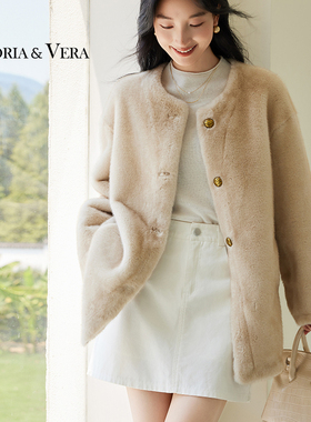 VICTORIA&VERA秋冬环保皮草直筒宽松圆领皮毛一体长款长袖外套