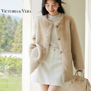 VICTORIA&VERA秋冬环保皮草直筒宽松圆领皮毛一体长款长袖外套