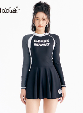 B.Duck连体泳衣女显瘦遮肉长袖防晒保守大码专业裙式学生游泳衣