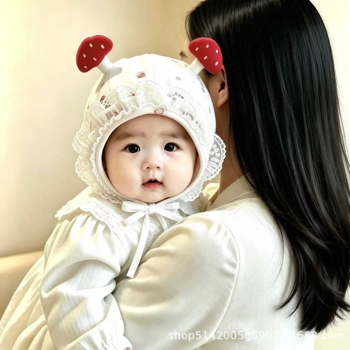 婴儿秋季透气蘑菇胎帽女款蕾丝小