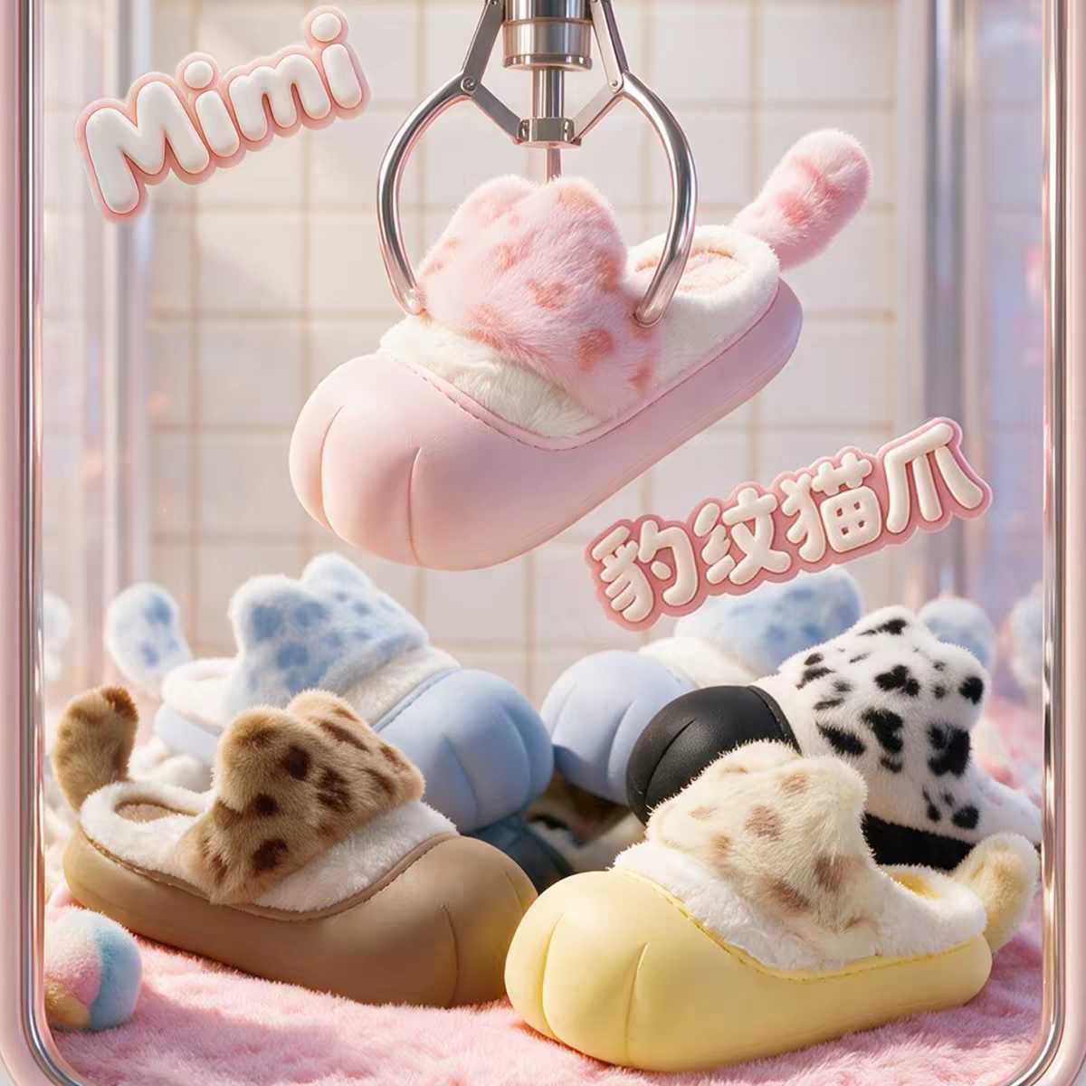 萌趣小猫豹纹猫爪棉拖鞋女款2026