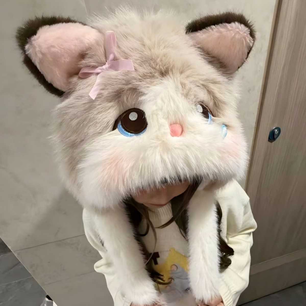 可爱卡通布偶猫耳朵毛绒雷锋帽女