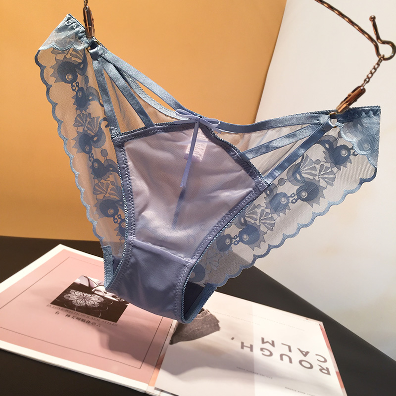 欧美网纱蕾丝内裤女性感低腰镂空蝴蝶结舒适迷人诱惑女三角裤棉裆