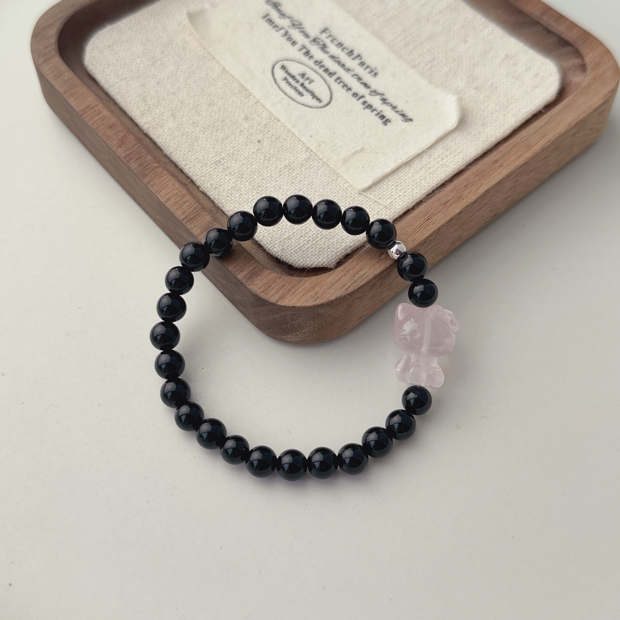 五行补水天然黑玛瑙手链可爱小猫粉晶女款水晶手链2025新