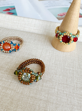 串珠戒指手工包钻天然石复古