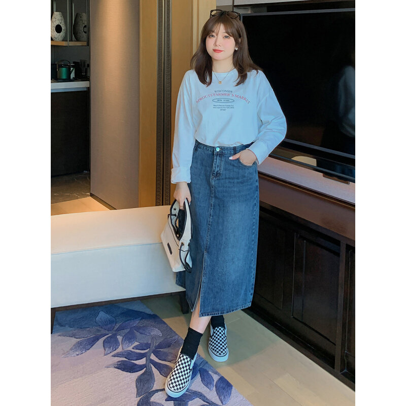 高货速发春季新款大码女装200斤胖mm韩版高腰显瘦A字牛仔半身裙13