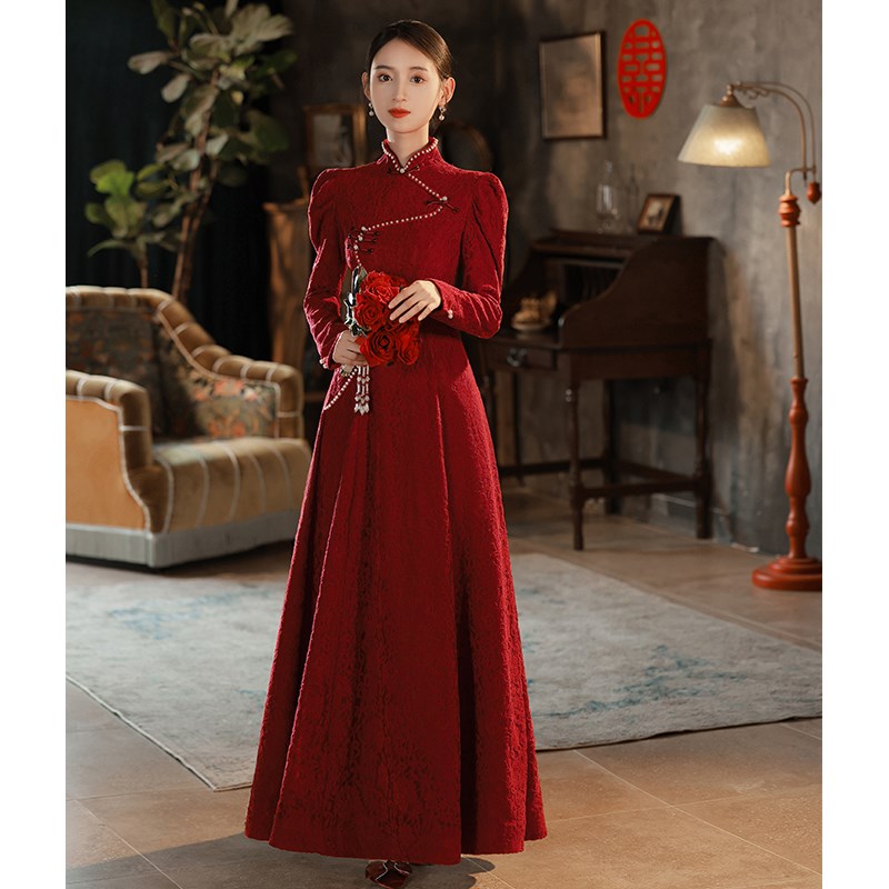 速发敬酒服新娘结婚酒红色旗袍高级感新中式订婚礼服回门裙长袖秋