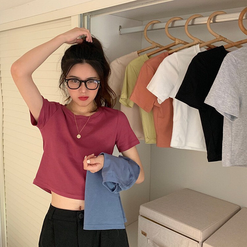 高货速发糖果色短款圆领短袖T恤女2024夏装韩版女士衣服外贸女装