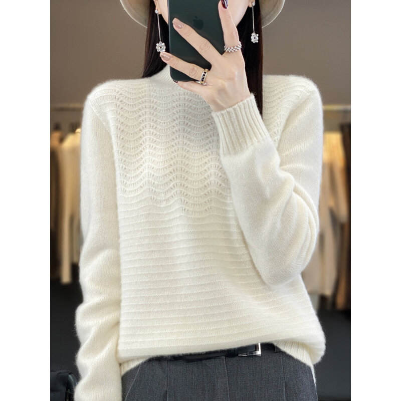 高货速发100纯羊毛衫女士半高领显瘦毛衣无缝针织打底衫镂空提花