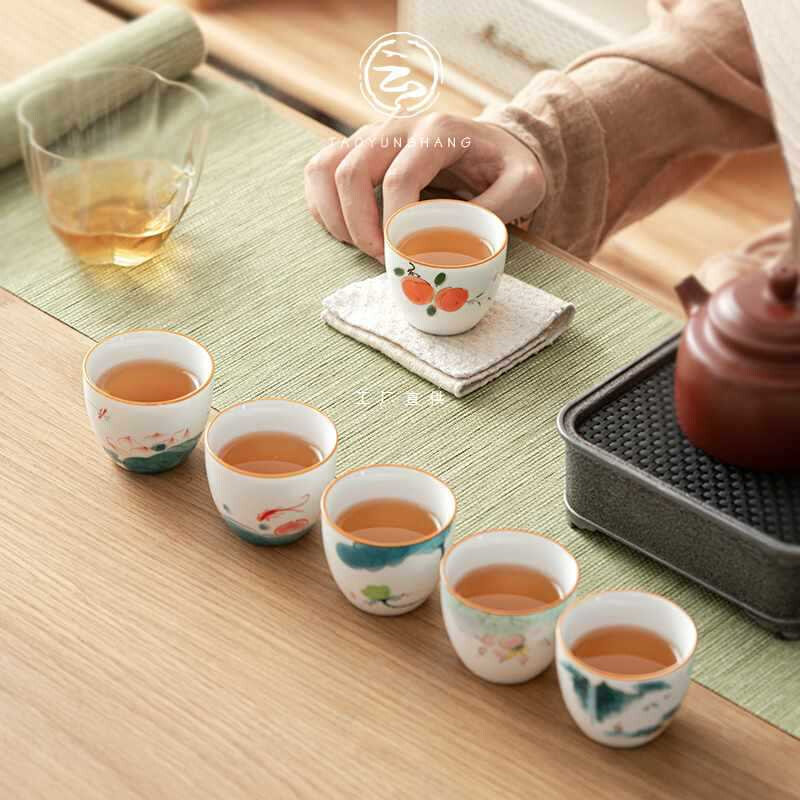 现货速发纯手绘主人杯套装功夫茶杯白瓷手柄杯子茶碗功夫茶具品茗