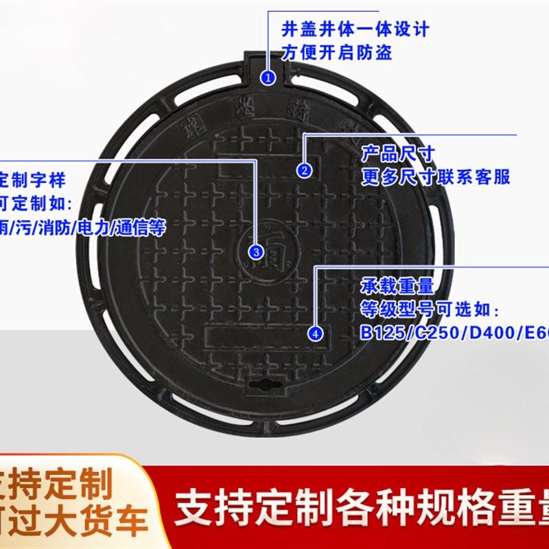 速发圆形方形盖型雨污水雨水井下水道盖板井重沙井盖球墨市政铸铁