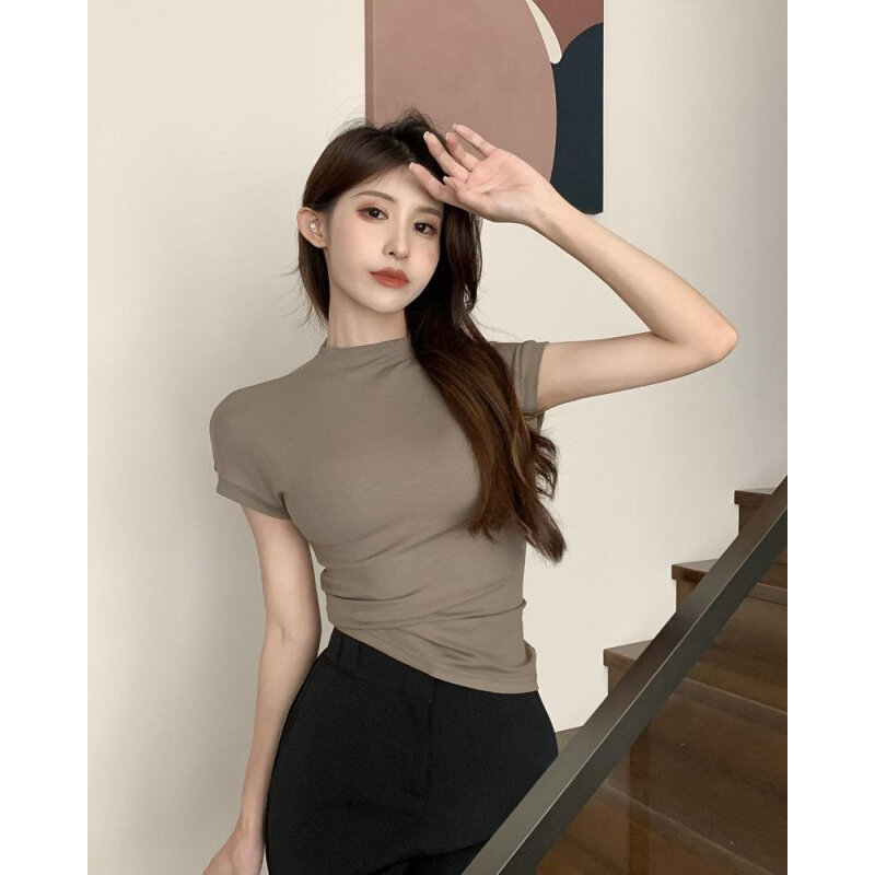 高货速发女装直供直供牛奶丝纯欲风半高领短袖T恤女夏季修身上衣