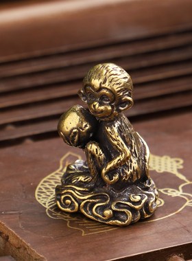 速发实心纯铜生子献桃精把摆件猴肖可爱小猴子寿桃铜美件仿古铜雕