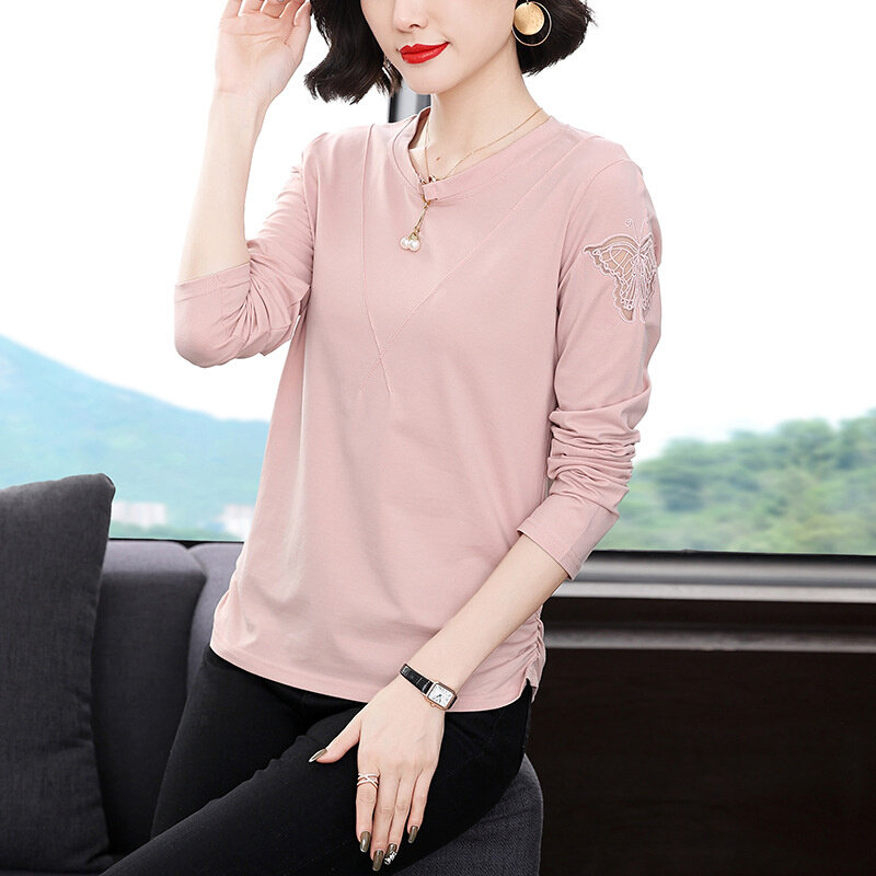 高货速发大码中年妈妈装上衣女装2024春秋新款圆领T恤纯色长袖宽