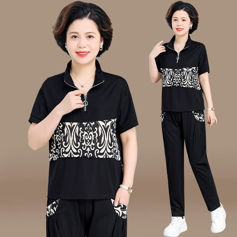 高货速发中年妈妈夏装运动服套装洋气时尚大码上衣中老年女春夏休