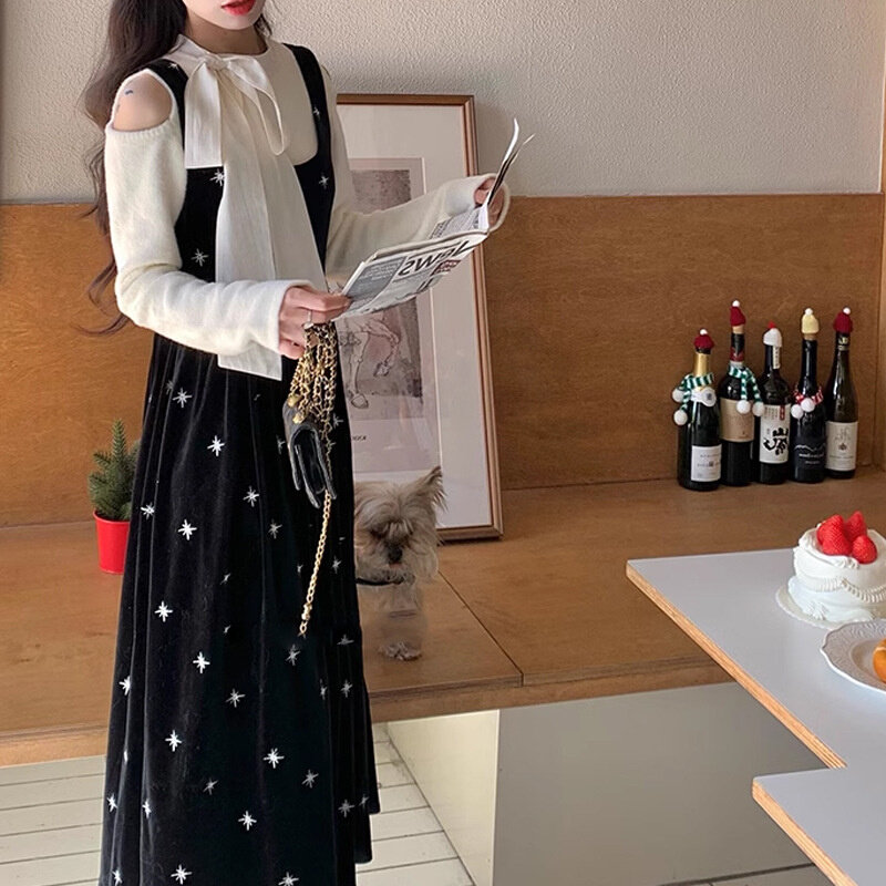高货速发YUEJUXING 江南美人 繁星刺绣丝绒长款背带裙气质外穿裙