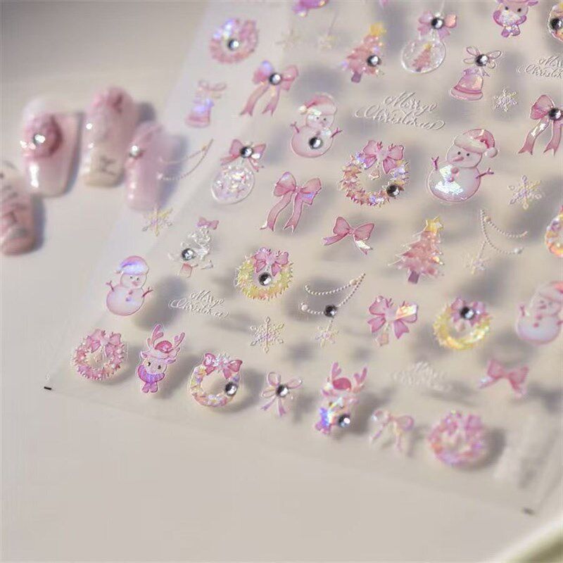 速发可爱圣诞树晶钻浮雕立体雪花蝴蝶结指甲贴纸is绝美手机装饰
