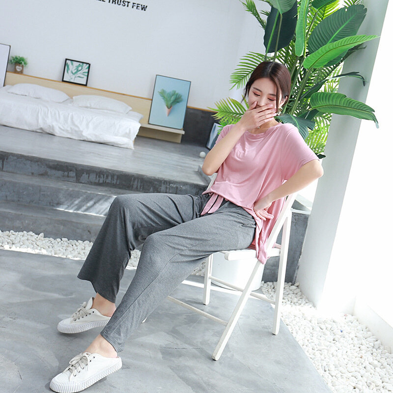 高货速发撞色网红家居服夏季莫代尔睡衣女薄款短袖长裤套装两件套