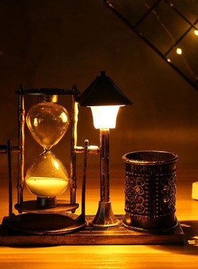 速发创意复古欧式小灯夜灯友面床头摆件桌笔筒沙漏送男朋带闺蜜礼