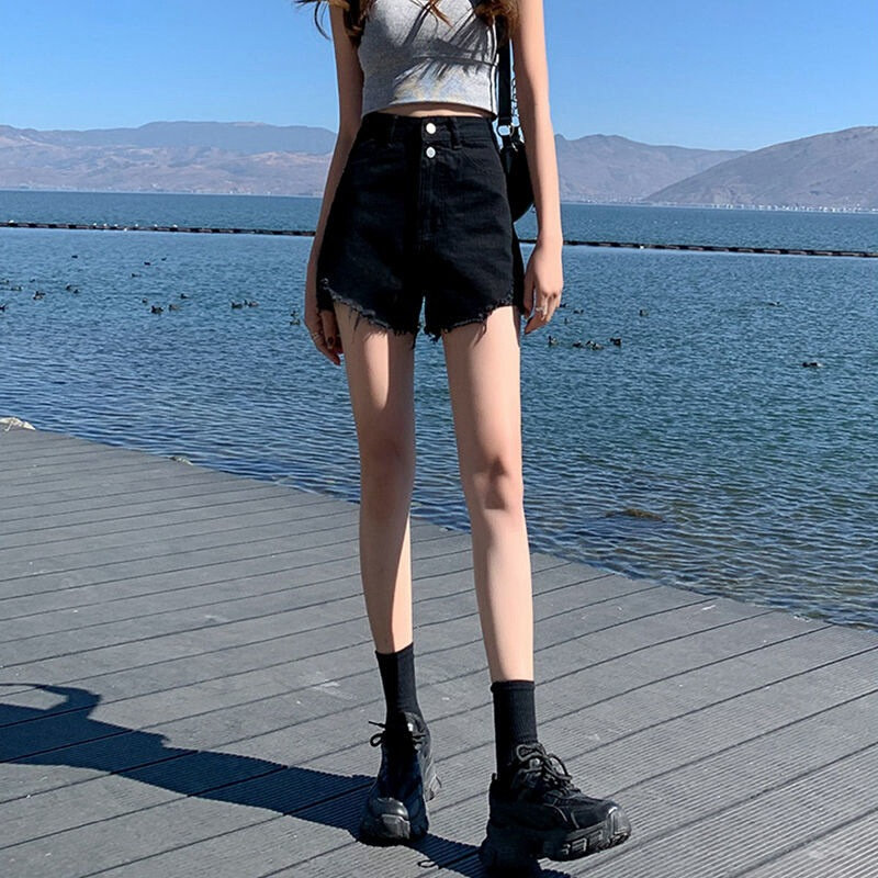高货速发牛仔短裤女夏季薄款ins高腰双扣破洞显瘦百搭毛边a字超短