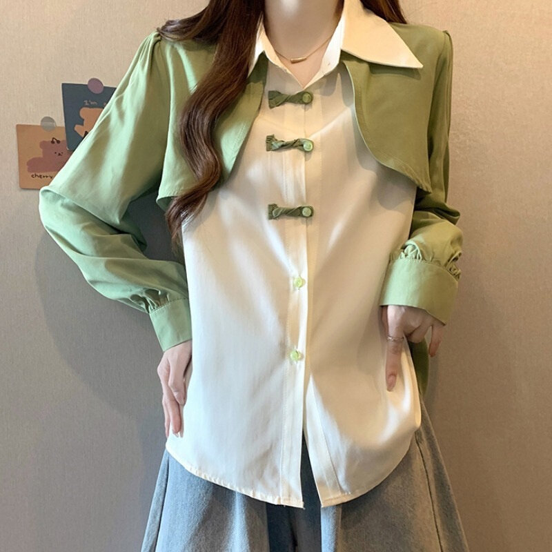 现货速发盘扣假两件上衣中长款胖mm绿色衬衫女新款早春大码国风显